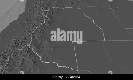 Zoom in on Mendoza (province of Argentina) outlined. Oblique perspective. Bilevel elevation map with surface waters. 3D rendering Stock Photo