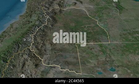 Zoom in on Mendoza (province of Argentina) outlined. Oblique perspective. Satellite imagery. 3D rendering Stock Photo