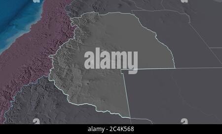 Zoom in on Mendoza (province of Argentina) outlined. Oblique perspective. Colored and bumped map of the administrative division with surface waters. 3 Stock Photo