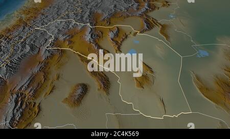 Zoom in on La Rioja (province of Argentina) outlined. Oblique perspective. Topographic relief map with surface waters. 3D rendering Stock Photo