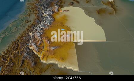 Zoom in on Mendoza (province of Argentina) extruded. Oblique perspective. Topographic relief map with surface waters. 3D rendering Stock Photo