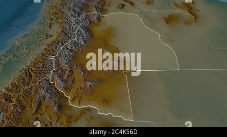 Zoom in on Mendoza (province of Argentina) outlined. Oblique perspective. Topographic relief map with surface waters. 3D rendering Stock Photo