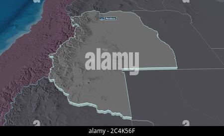 Zoom in on Mendoza (province of Argentina) extruded. Oblique perspective. Colored and bumped map of the administrative division with surface waters. 3 Stock Photo