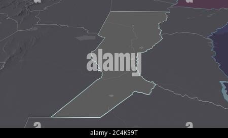 Zoom in on Santa Fe (province of Argentina) outlined. Oblique perspective. Colored and bumped map of the administrative division with surface waters. Stock Photo