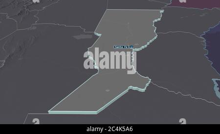 Zoom in on Santa Fe (province of Argentina) extruded. Oblique perspective. Colored and bumped map of the administrative division with surface waters. Stock Photo