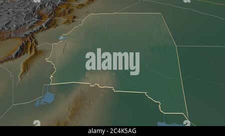 Zoom in on Santiago del Estero (province of Argentina) outlined. Oblique perspective. Topographic relief map with surface waters. 3D rendering Stock Photo