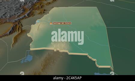 Zoom in on Santiago del Estero (province of Argentina) extruded. Oblique perspective. Topographic relief map with surface waters. 3D rendering Stock Photo