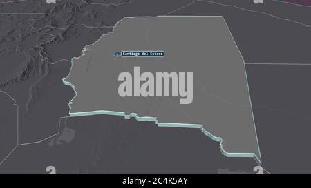 Zoom in on Santiago del Estero (province of Argentina) extruded. Oblique perspective. Colored and bumped map of the administrative division with surfa Stock Photo