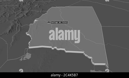 Zoom in on Santiago del Estero (province of Argentina) extruded. Oblique perspective. Bilevel elevation map with surface waters. 3D rendering Stock Photo