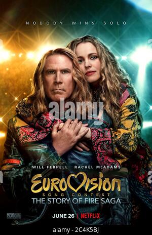 Eurovision Song Contest: The Story of Fire Saga (2020) directed by David Dobkin and starring Will Ferrell, Rachel McAdams, Pierce Brosnan and Graham Norton. Lars and Sigrit represent their country Iceland at the Eurovision song contest. Stock Photo