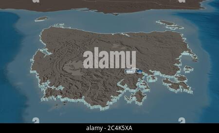 Zoom in on Tasmania (state of Australia) extruded. Oblique perspective. Colored and bumped map of the administrative division with surface waters. 3D Stock Photo