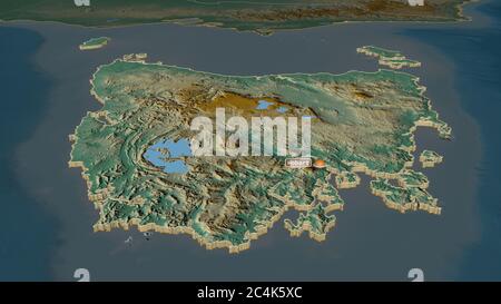 Zoom in on Tasmania (state of Australia) extruded. Oblique perspective. Topographic relief map with surface waters. 3D rendering Stock Photo