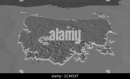 Zoom in on Tasmania (state of Australia) extruded. Oblique perspective. Bilevel elevation map with surface waters. 3D rendering Stock Photo