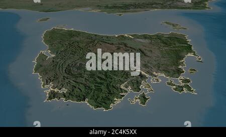 Zoom in on Tasmania (state of Australia) outlined. Oblique perspective. Satellite imagery. 3D rendering Stock Photo