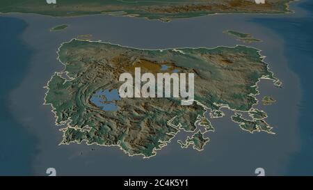 Zoom in on Tasmania (state of Australia) outlined. Oblique perspective. Topographic relief map with surface waters. 3D rendering Stock Photo