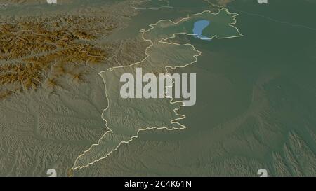 Zoom in on Burgenland (state of Austria) outlined. Oblique perspective. Topographic relief map with surface waters. 3D rendering Stock Photo
