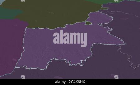 Zoom in on Hrodna (region of Belarus) outlined. Oblique perspective. Colored and bumped map of the administrative division with surface waters. 3D ren Stock Photo