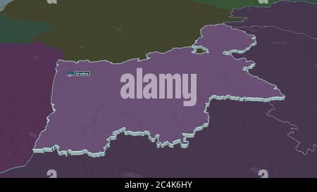 Zoom in on Hrodna (region of Belarus) extruded. Oblique perspective. Colored and bumped map of the administrative division with surface waters. 3D ren Stock Photo