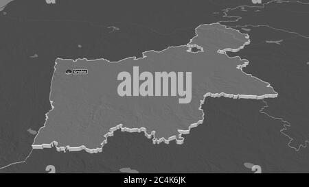 Zoom in on Hrodna (region of Belarus) extruded. Oblique perspective. Bilevel elevation map with surface waters. 3D rendering Stock Photo