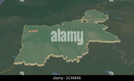 Zoom in on Hrodna (region of Belarus) extruded. Oblique perspective. Topographic relief map with surface waters. 3D rendering Stock Photo