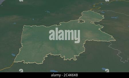 Zoom in on Hrodna (region of Belarus) outlined. Oblique perspective. Topographic relief map with surface waters. 3D rendering Stock Photo