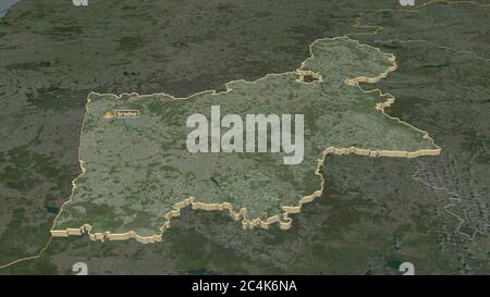 Zoom in on Hrodna (region of Belarus) extruded. Oblique perspective. Satellite imagery. 3D rendering Stock Photo