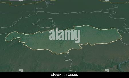 Zoom in on Brabant Wallon (province of Belgium) outlined. Oblique perspective. Topographic relief map with surface waters. 3D rendering Stock Photo