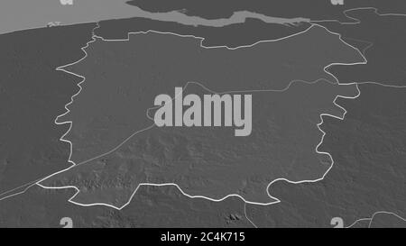 Zoom in on Oost-Vlaanderen (province of Belgium) outlined. Oblique perspective. Bilevel elevation map with surface waters. 3D rendering Stock Photo