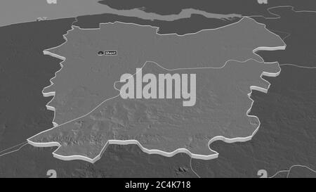 Zoom in on Oost-Vlaanderen (province of Belgium) extruded. Oblique perspective. Bilevel elevation map with surface waters. 3D rendering Stock Photo