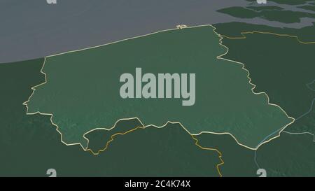 Zoom in on West-Vlaanderen (province of Belgium) outlined. Oblique perspective. Topographic relief map with surface waters. 3D rendering Stock Photo