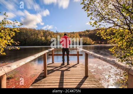 Small lake with a view in the Jasmund National Park from a wooden footbridge in the sunshine. Person in red clothes on the jetty. Forest with deciduou Stock Photo