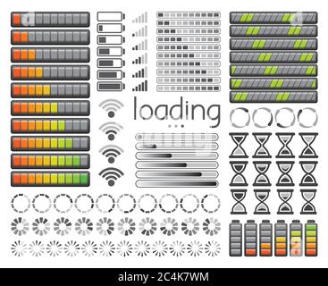 Set of loading bars, battery charge levels and wifi signal strength. Vector illustration. Stock Vector