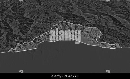 Zoom in on Sarpang (district of Bhutan) outlined. Oblique perspective. Bilevel elevation map with surface waters. 3D rendering Stock Photo