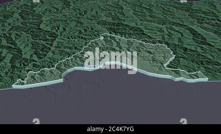 Zoom in on Sarpang (district of Bhutan) extruded. Oblique perspective. Colored and bumped map of the administrative division with surface waters. 3D r Stock Photo