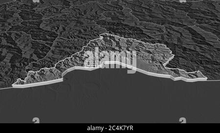 Zoom in on Sarpang (district of Bhutan) extruded. Oblique perspective. Bilevel elevation map with surface waters. 3D rendering Stock Photo