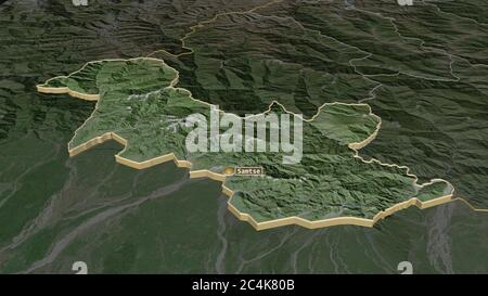 Zoom in on Samtse (district of Bhutan) outlined. Oblique perspective ...