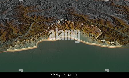 Zoom in on Sarpang (district of Bhutan) extruded. Oblique perspective. Topographic relief map with surface waters. 3D rendering Stock Photo