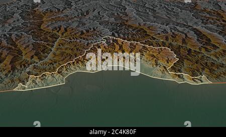 Zoom in on Sarpang (district of Bhutan) outlined. Oblique perspective. Topographic relief map with surface waters. 3D rendering Stock Photo