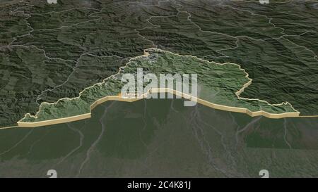 Zoom in on Sarpang (district of Bhutan) extruded. Oblique perspective. Satellite imagery. 3D rendering Stock Photo