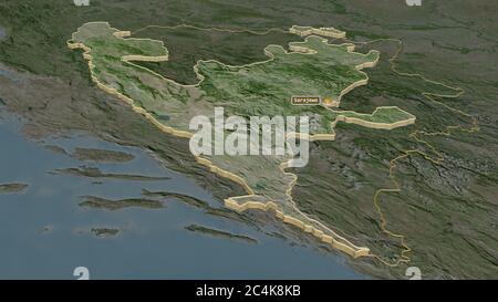 Zoom in on Federacija Bosna i Hercegovina (entity of Bosnia and Herzegovina) extruded. Oblique perspective. Satellite imagery. 3D rendering Stock Photo