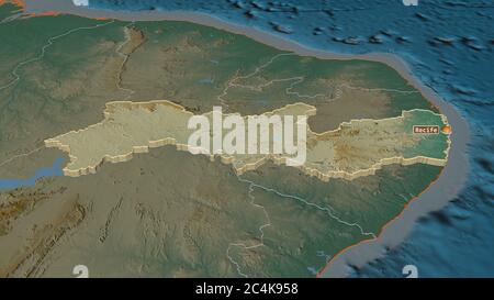 Zoom in on Pernambuco (state of Brazil) extruded. Oblique perspective. Topographic relief map with surface waters. 3D rendering Stock Photo