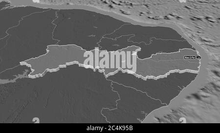 Zoom in on Pernambuco (state of Brazil) extruded. Oblique perspective. Bilevel elevation map with surface waters. 3D rendering Stock Photo