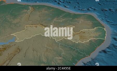 Zoom in on Pernambuco (state of Brazil) outlined. Oblique perspective. Topographic relief map with surface waters. 3D rendering Stock Photo