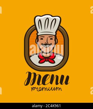 Portrait happy chef in hat logo. Menu design for cafe and restaurant Stock Vector