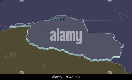 Zoom in on Rondônia (state of Brazil) extruded. Oblique perspective. Colored and bumped map of the administrative division with surface waters. 3D ren Stock Photo