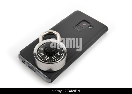 a closed padlock on a mobile phone signifying device security Stock Photo