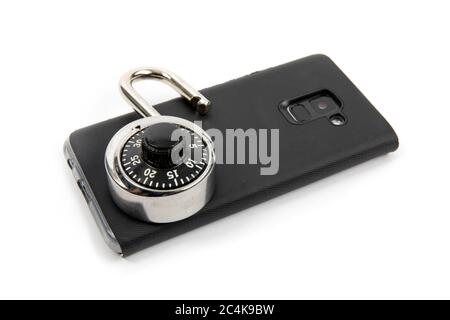 an open unlocked padlock on a smartphone signifying device security risk Stock Photo