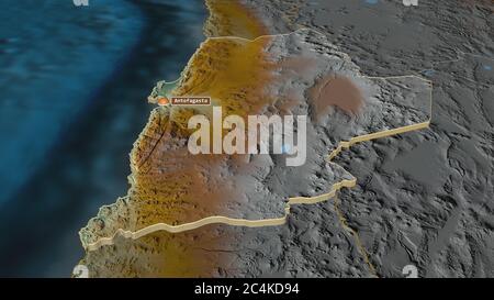 Zoom in on Antofagasta (region of Chile) extruded. Oblique perspective. Topographic relief map with surface waters. 3D rendering Stock Photo