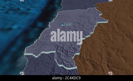 Zoom in on Atacama (region of Chile) extruded. Oblique perspective. Colored and bumped map of the administrative division with surface waters. 3D rend Stock Photo