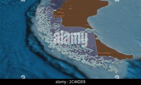 Zoom in on Magallanes y Antártica Chilena (region of Chile) extruded. Oblique perspective. Colored and bumped map of the administrative division with Stock Photo